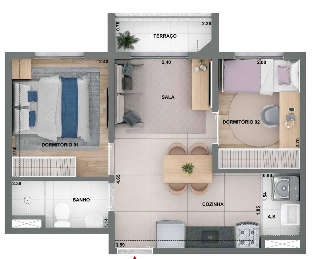 Planta de 37 m² do Mérito Lapa, com dois dormitórios e varanda integrada à sala